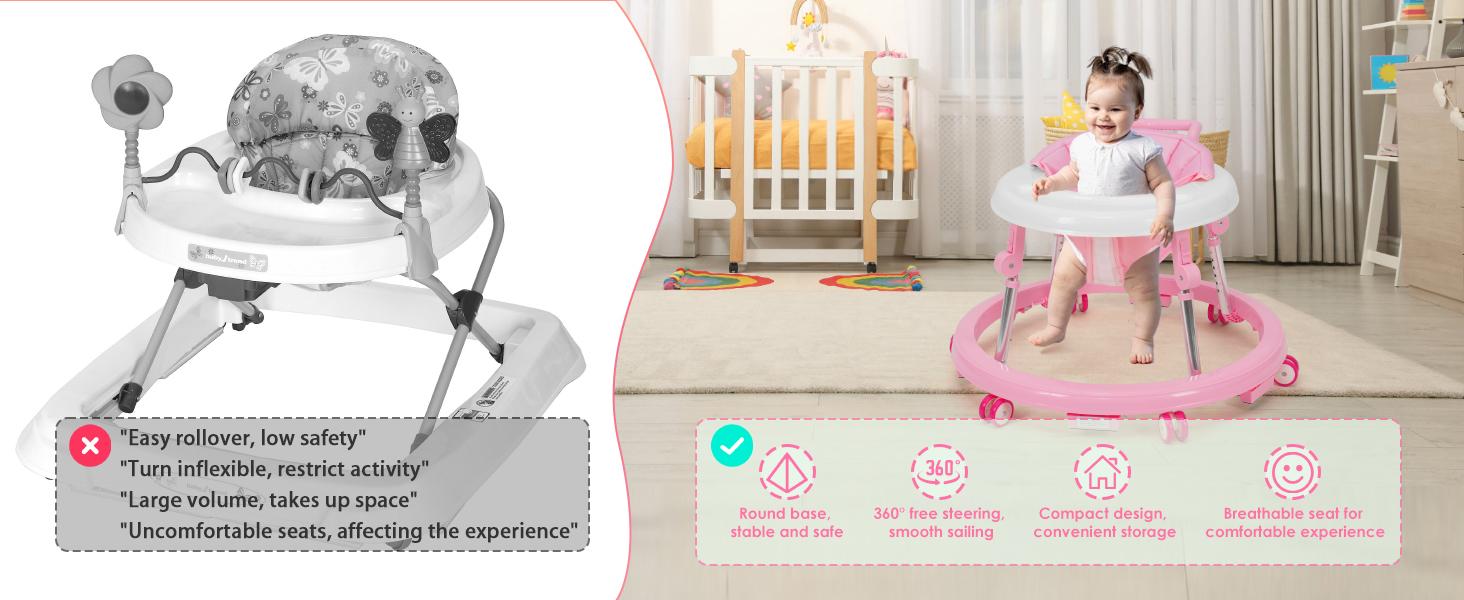 Foldable Baby Walker with 9 Adjustable Heights!Mute Wheels & Footrest, Perfect Activity Center for Boys & Girls Aged 7-18 Months, Portable & Space-Saving! ! Floorwalker