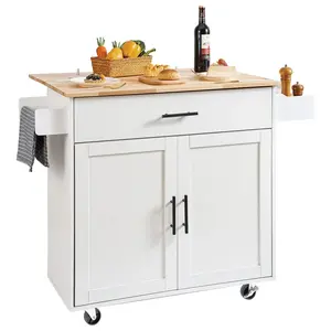 【FathersDayGift】VEVOR Kitchen Island Cart with Solid Wood Top,  , 35.4" Width Mobile Carts with Storage Cabinet, Rolling Kitchen Table with Spice Rack, Towel Rack, Drop Leaf and Drawer, Portable Islands on Wheels, White