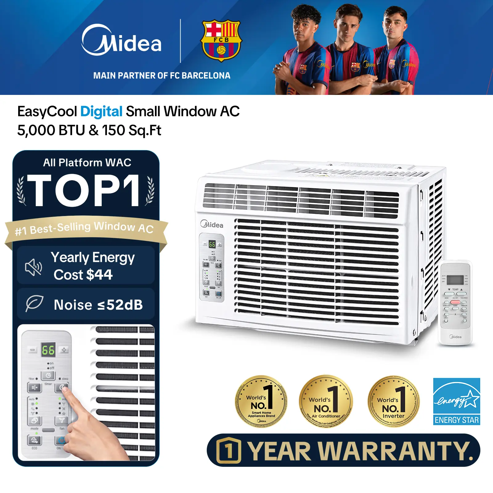 Midea 5,000 BTU Digital Window Air Conditioner, Cools up to 150 Sq. Ft. AC with Easy-to-Use Reusable Filter, Remote, Perfect AC for Bedroom, Living Room, Home Office, Electronic Control