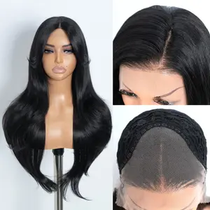 [Style Icon] 13x4 Lace Frontal Synthetic Wig 26 inches Long Wavy Wig with Curtain Bangs for Women Daily Use Pre Plucked Natural Hairline Wig