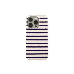 Navy blue stripes pattern phone case, compatible with iPhone 17 Pro Max, 16, 15, 14, 13, 12 and Samsung 25 Ultra Plus, 24, 23, 22.  Features a dual-layer shockproof design with a TPU inner lining. A perfect gift for girls.