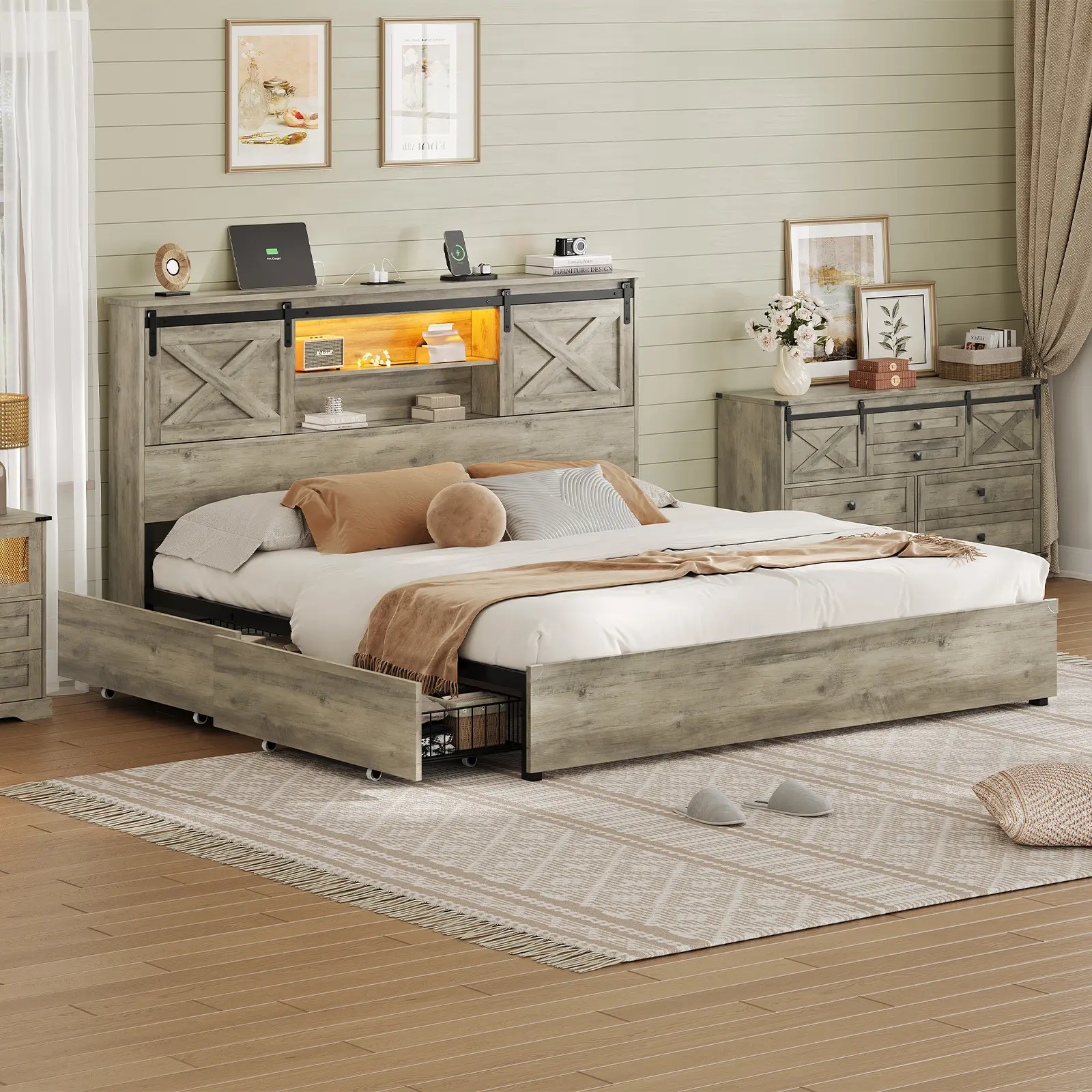 Hasuit Farmhouse Bed Frame King Size with 4 Storage Drawers, Wooden Platform King Beds with Charging Station and LED Lights, Rustic Bed with Storage Headboard and Sliding Barn Door