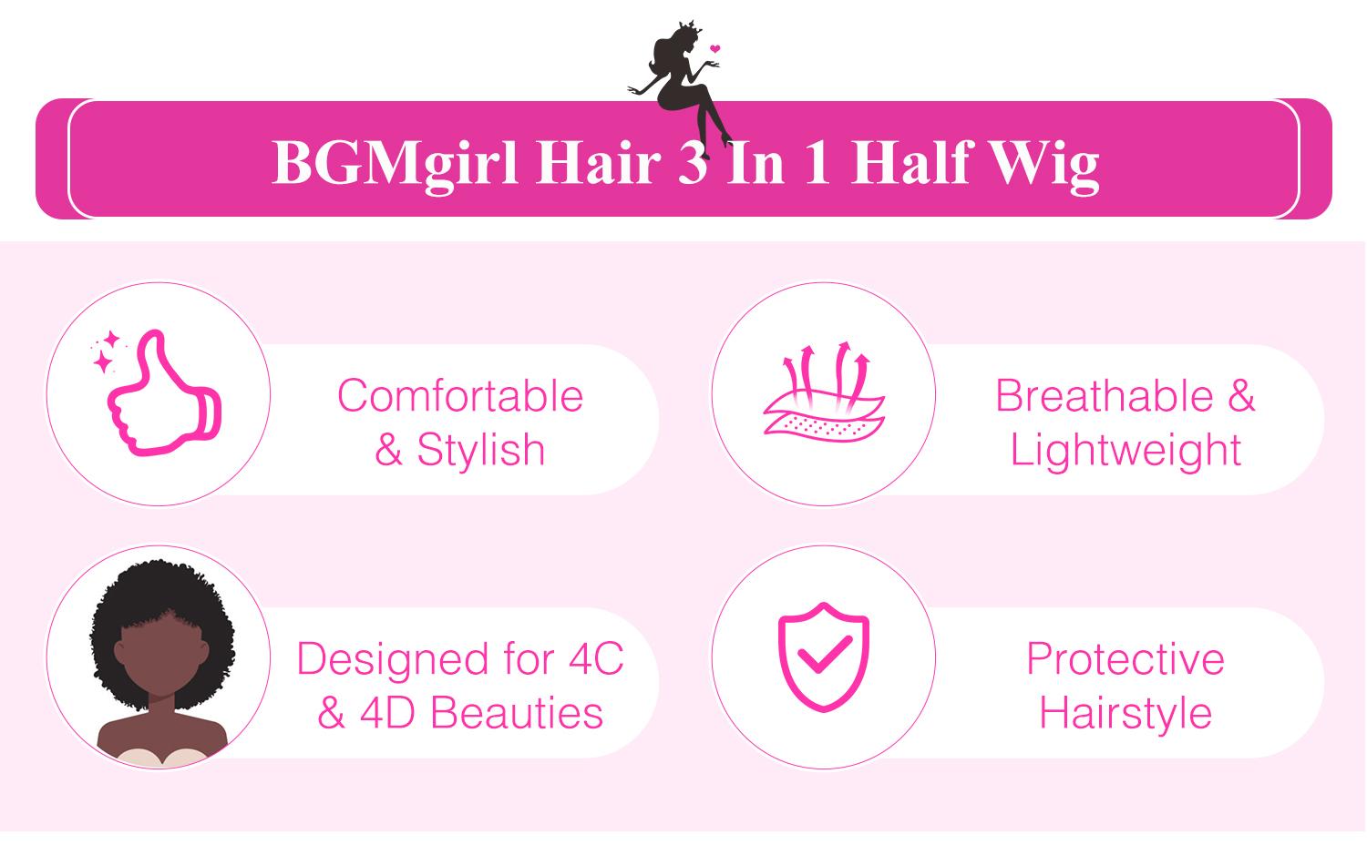 [Wear Go Half Wig] BGMgirl Invisible Hairline Afro Curly Kinky Straight Half Wig Glueless Human Hair Butterfly Yaki Layered Cut Wigs Water Wave Kinky Curly Seamless Flip Over Updo Down Style Hairpiece eve valentines day gift
