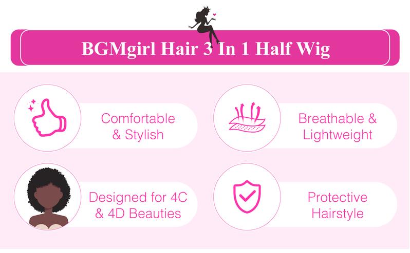 [Wear Go Half Wig] BGMgirl Invisible Hairline Afro Curly Kinky Straight Half Wig Glueless Human Hair Butterfly Yaki Layered Cut Wigs Water Wave Kinky Curly Seamless Flip Over Updo Down Style Hairpiece eve valentines day gift