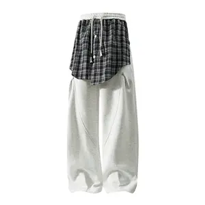 Spring patchwork design straight-leg long pants for men; loose, casual athletic sweatpants/casual trousers; unisex couple style with trendy plaid patchwork layering design; drawstring elastic waistband; soft, comfortable fabric; suitable for everyday wear