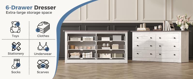 59in Wood Dresser 6 Drawer Storage Cabinet Vintage Dresser Chest of Drawers for Bedroom and Living Room