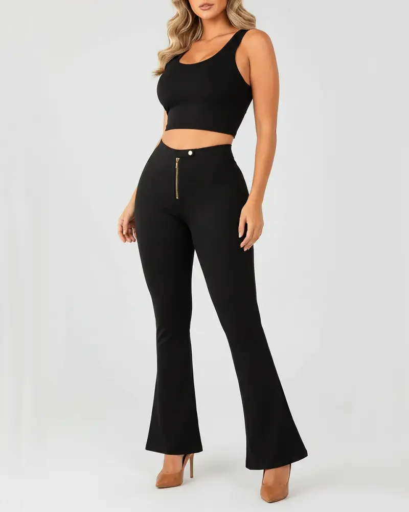 ChicCurve Women's High Waisted Flare Yoga Pants – Front Zipper Metal Buckle Detail, Bootcut Leggings for Workout & Casual Wear