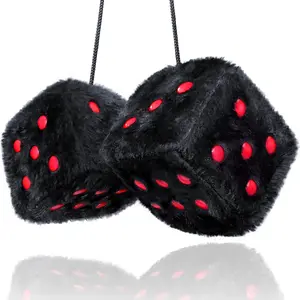 Black Fuzzy Dice for Car - Rear View Mirror Plush Cute Car Accessories for Interior - Auto Rear View Hanging Ornament Decorations - Cool Classic Retro 1970s Aesthetic Automotive Decor - Black and Red