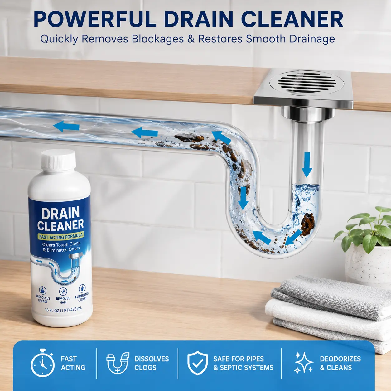 Drain Cleaner Concentrate Powder - 1-Use Household Container, Fast-Acting Odor-Free Drain Unclogger for Toilet & Kitchen, Includes Gloves, Brush, Cloth & Room Cleaning Cream