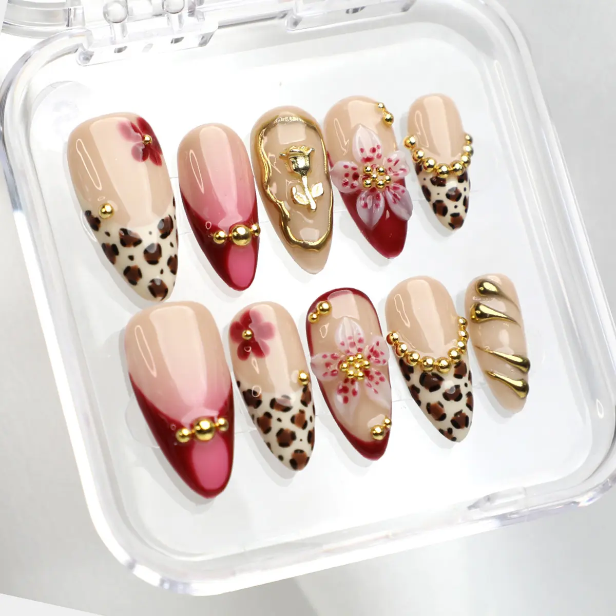 MuseMoodNails PG08 Bloom Gilt Handmade Leopard Print 3D Gel Press-On Nails, 10-Piece Reusable Set, Long-Lasting Salon-Perfect Finish, Instant Solid Design, Nail Inspo, Easy Nails