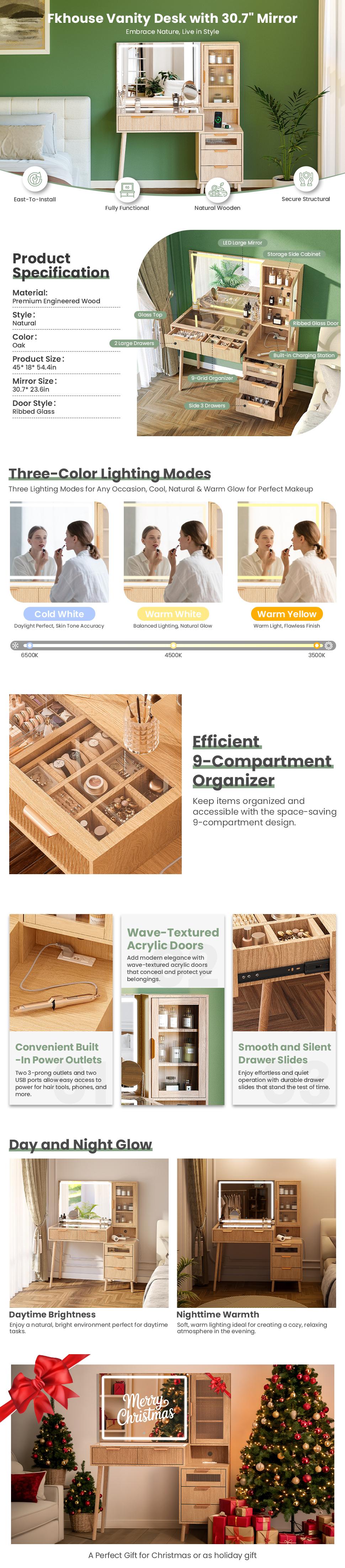 Fluted Makeup Vanity Desk with Mirror and Lights, 5 Drawers Glass Top Makeup Vanity with 4 Storage and 9-Grid Organizer, 3 Color Ribbed Glass Dressing Table with Charging Station, Natural Oak