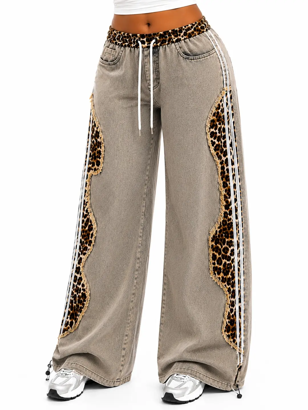 Flooo Women’s Contrast Leopard Panel Jeans, Baggy Wide Leg Denim Pants with Raw Edge Patchwork