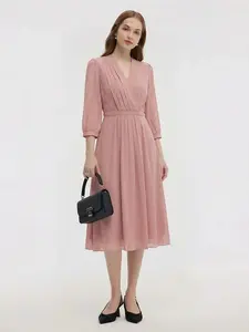 V-Neck Pleated Lace Up Wrap Midi Dress Fit Summer Casual Long Sleeve