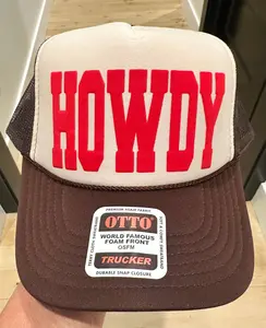 HOWDY in Red puff vinyl on a Brown and Tan Foam Trucker Hat