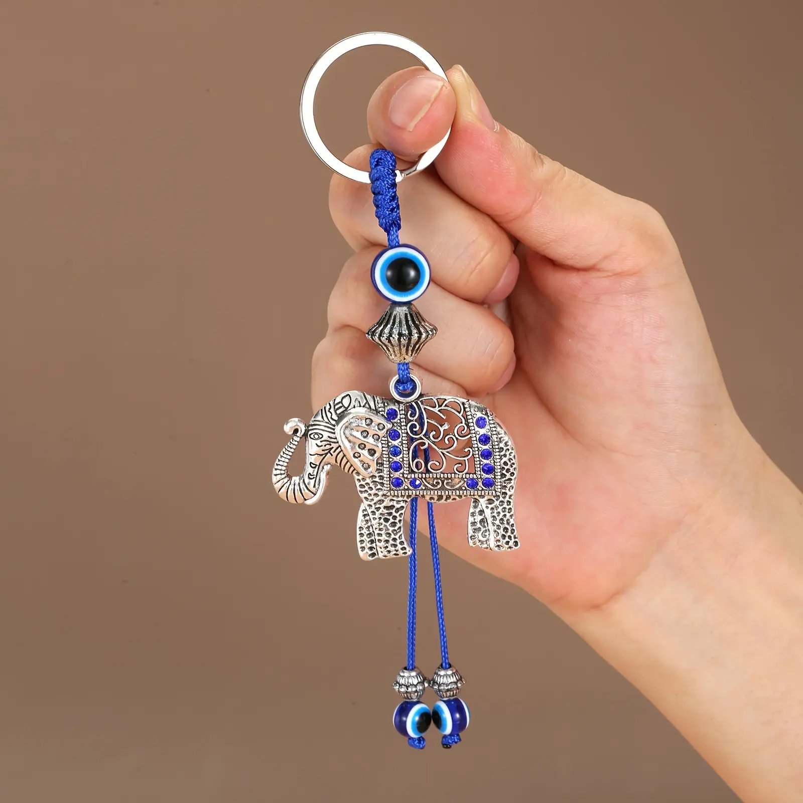 2024 New Silver 3D Printed Fashion Elephant Animals Keychain Charm - Assorted Beads, Blue Accents, Eye Embellishments, Metal Pendant for Bags (Cute Accessory for Keychain Enthusiasts), Fashion Elephant Keychain