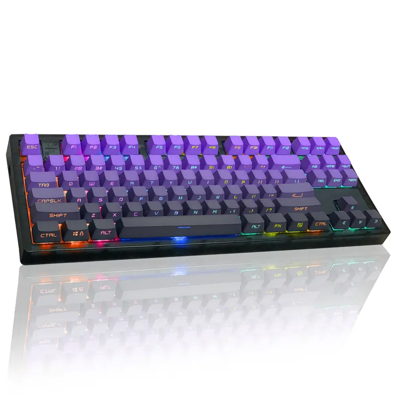 The MK870 mechanical gaming keyboard features 80% color gradation, black color scheme, hot-swappable keys, customizable mechanical feel, rapid actuation, crisp keystrokes, and RGB backlighting.