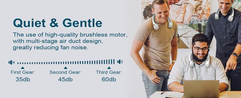 A neck fan suitable for sports, equipped with rechargeable bladeless cooling technology, with a battery life of up to 8 hours - the hands-free design provides cooling effect when you are moving, traveling or engaging in outdoor activities.