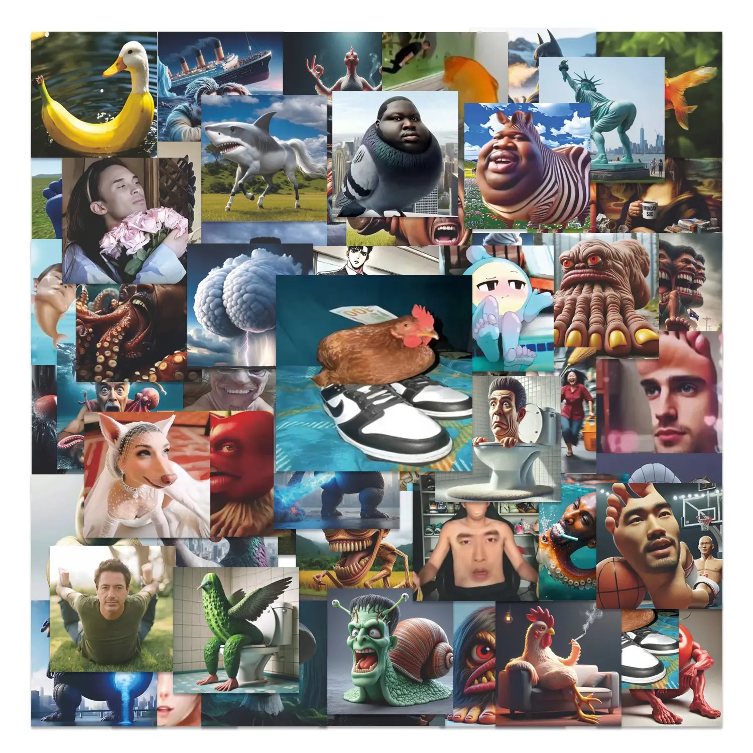 63pcs Funny Meme Surreal Adhesive Stickers Kit Pack, Scrapbooking Stickers, Crafts, Waterproof Weirdcore Random Humor Decals for Laptop, Water Bottle, Skateboard & Luggage, Meme Lover Gift, Scrapbook Accessories