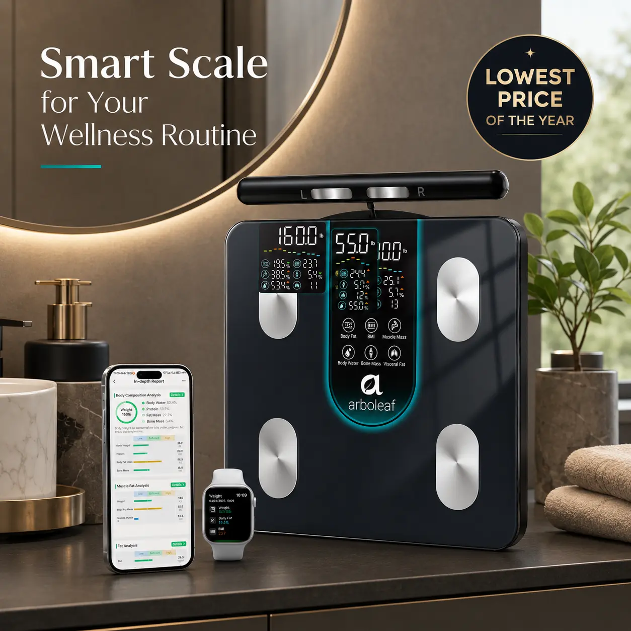 arboleaf 8-Electrode Dual-Frequency BIA Bathroom Scale with 7-in-1 Display for BMI Body Fat Muscle Mass, Segmental Full Body Composition Analyzer, 50+ Metrics in App