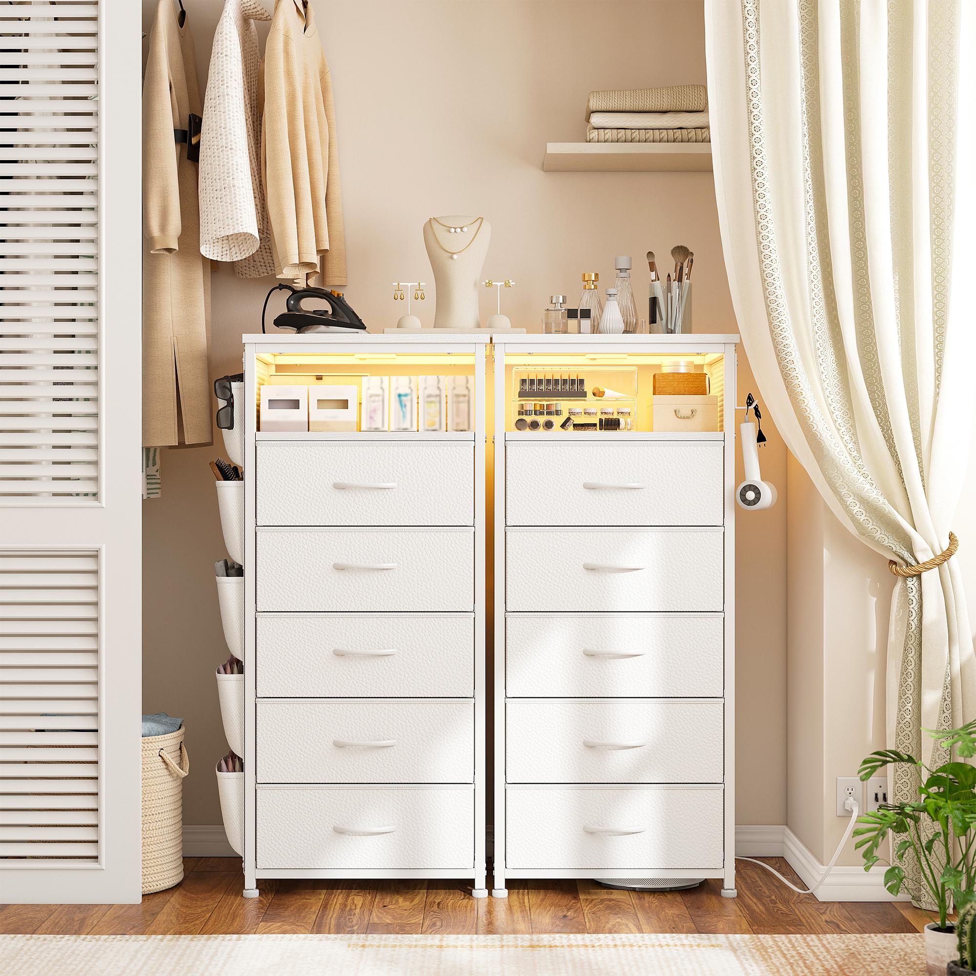 [with Free Gifts] Raybee LED Nightstand with Charging Station, Set of 1-2 Side Table with 5 Dresser Drawers, Tall LED Nightstands with USB Ports & Outlets, White End Table with Side Bag & Storage Shelf, Bedroom Furniture, Cabinet