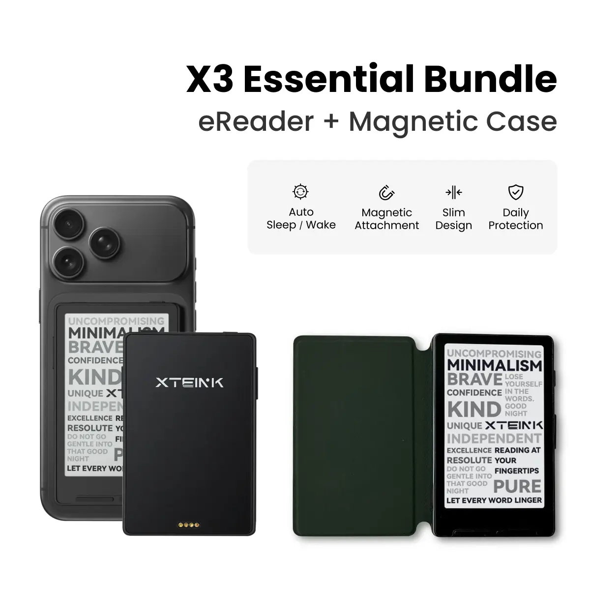 Xteink X3 Essential eReader Bundle - Bluetooth, Eye Care, Wireless Cells Device with Forest Green Case