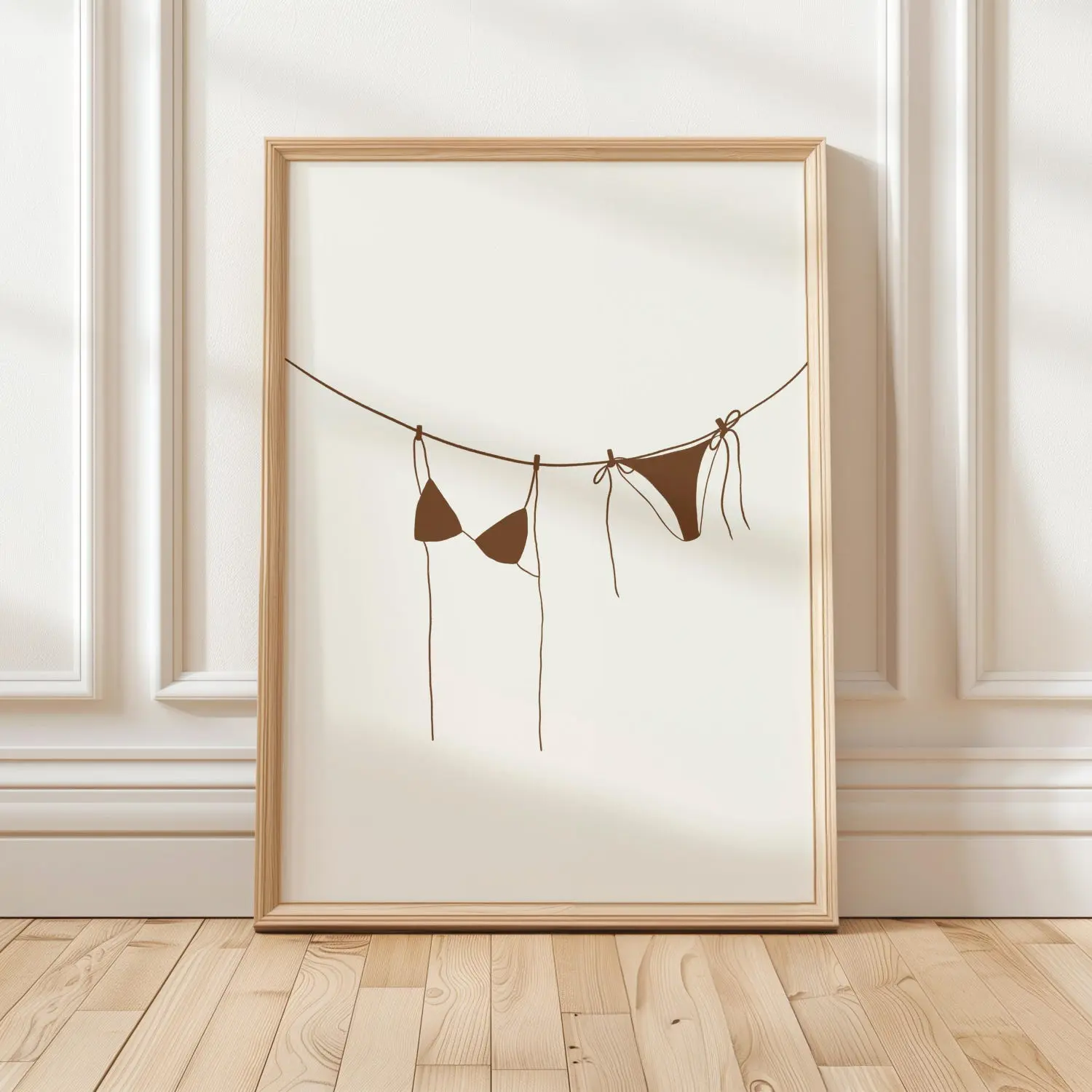 Brown bikini wall print, hand drawn bikini hanging poster, coastal summer decor, trendy wall art