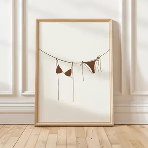 Brown bikini wall print, hand drawn bikini hanging poster, coastal summer decor, trendy wall art