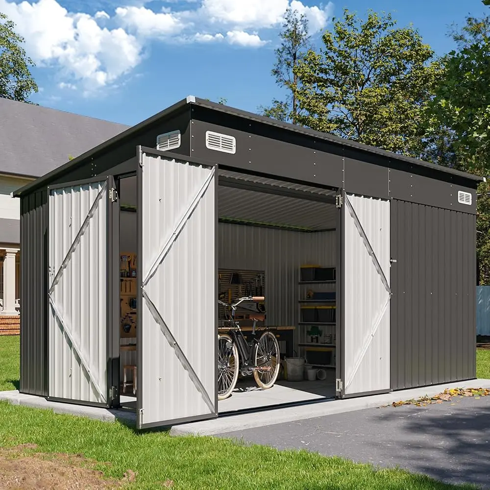 【Ships in 2 separate packages】Aoxun Modern Galvanized Steel Outdoor Storage Shed (Black) - 8'x4'/10'x8'/12'x8' Sizes, Triple Lockable Doors, Sloping Roof, Stable Base, Easy Setup with Illustrated Guide, Home/Patio Organizer for Tools/Bicycles Furniture Sh