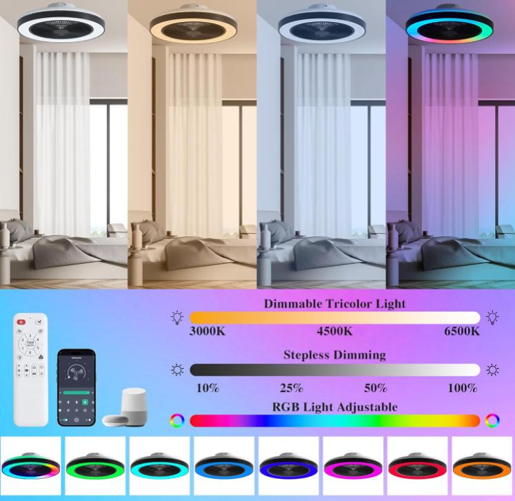 Dual-Ring RGB Color-Changing Invisible Ceiling Fan Light Bluetooth Music Ambient Lamp Living Room & Bedroom 2-in-1 Space-Saving Design Dual-Ring RGB Color-Changing Invisible Ceiling Fan Light Bluetooth Music Ambient Lamp Living Room & Bedroom 2-in-1 Space-Saving Design