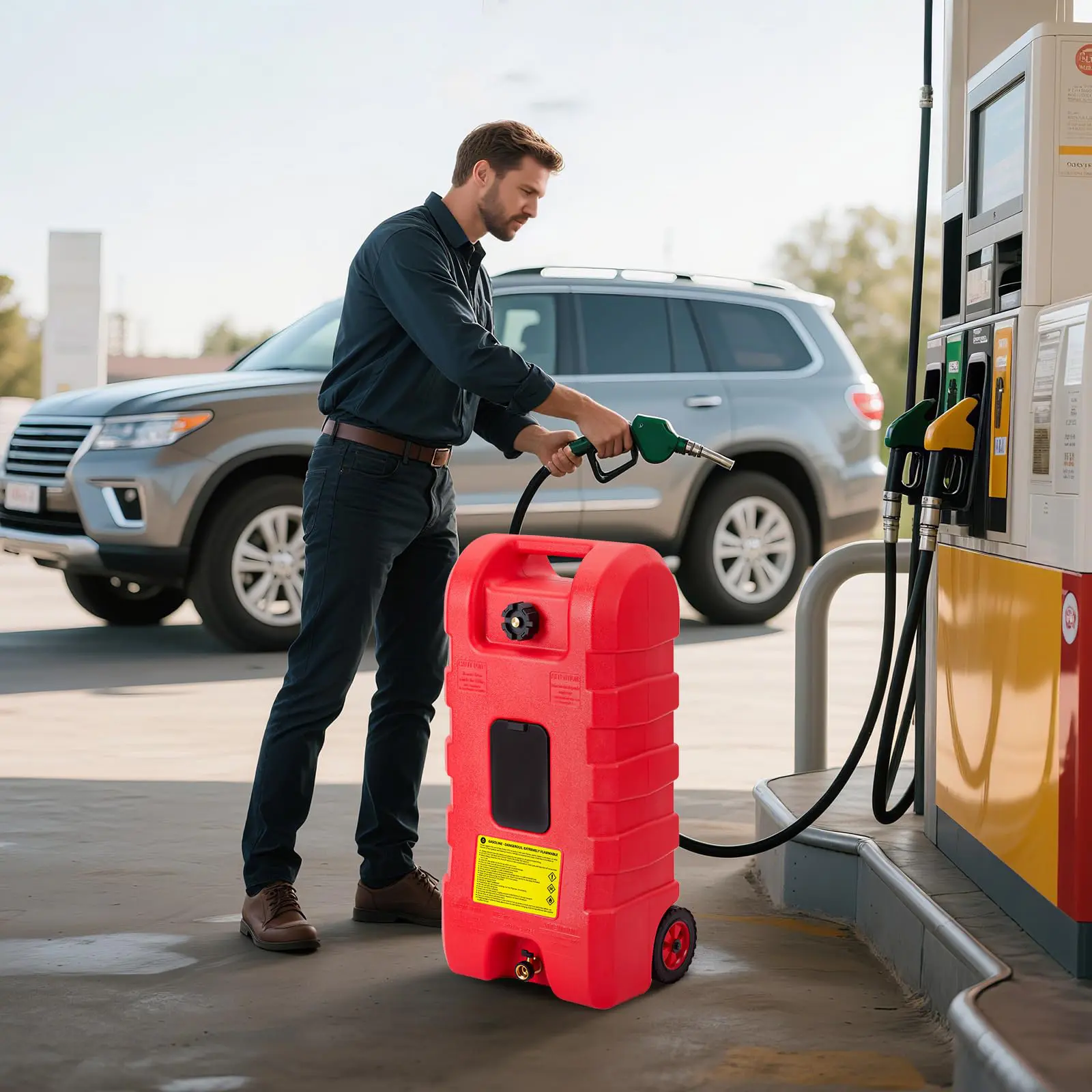 15 Gallon Portable Fuel Tank, Includes Manual Transfer Pump & 10 FT Hose , Heavy-Duty Leak-Proof Gas Caddy with Wheels & Carry Handle, Ideal for Cars, Motorcycles, and Outdoor Equipment