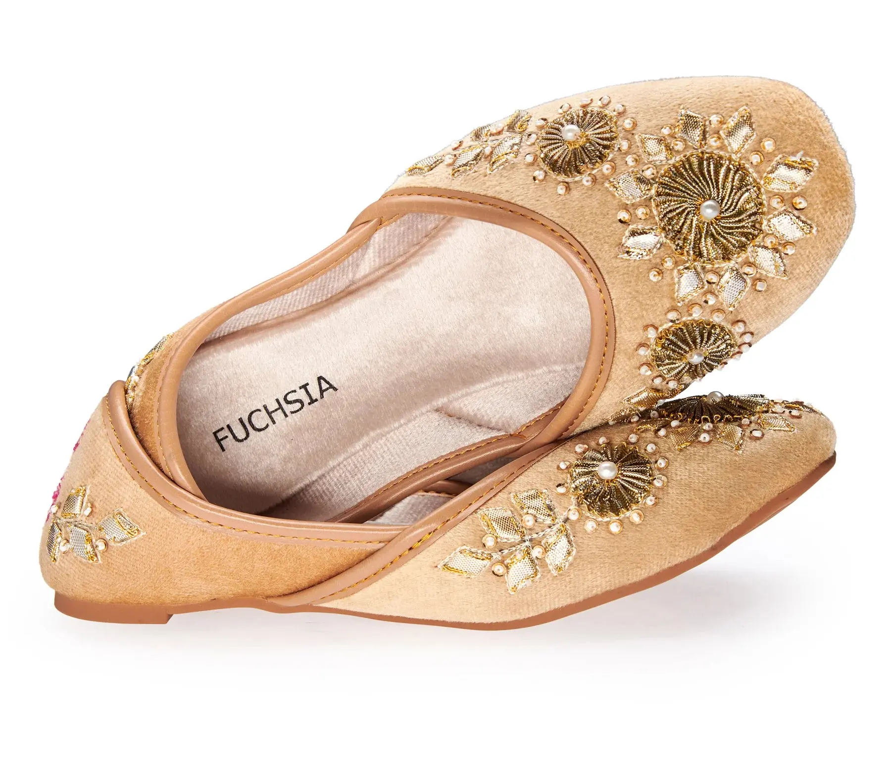 Hand Embroidered Gold Velvet Jutti Flats US sizes Fuchsia Whistledown tabbies