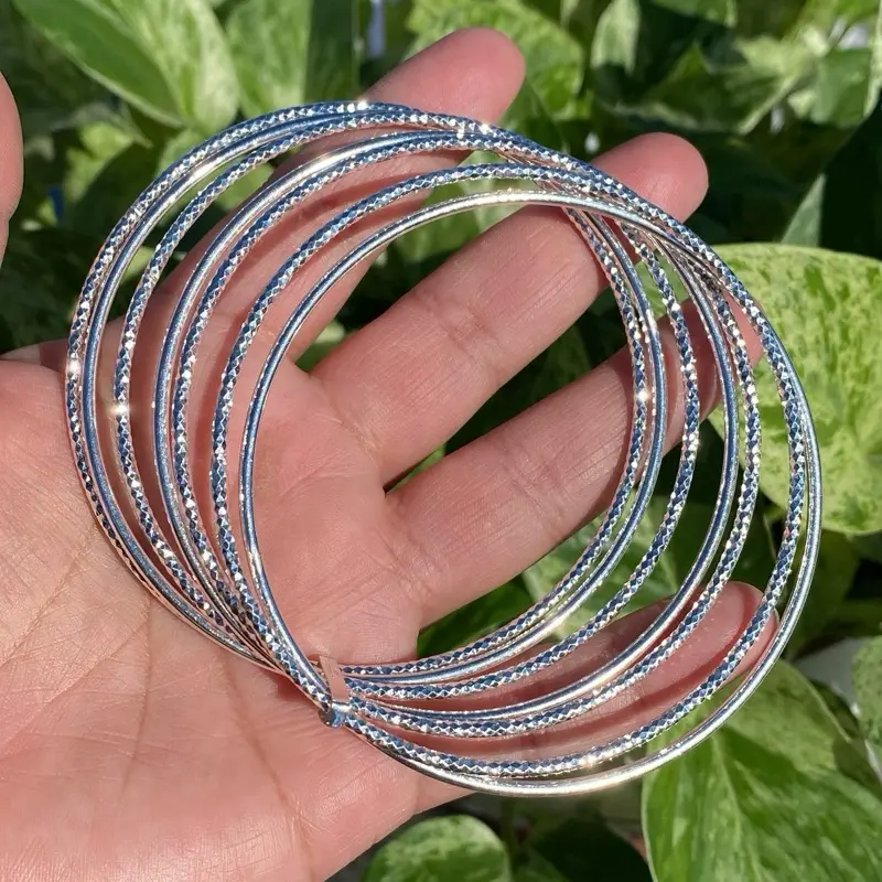 Women's 925 Sterling Silver Semanario Bangle Set - 1 Set, 8.5 in Slip-On Stacking Bracelets with Smooth-Diamond-Cut Sparkle Finish, Clasp-Free, Daily Wear & Gifting Jewelry for Adult Females, Adults, Slip-On Fit