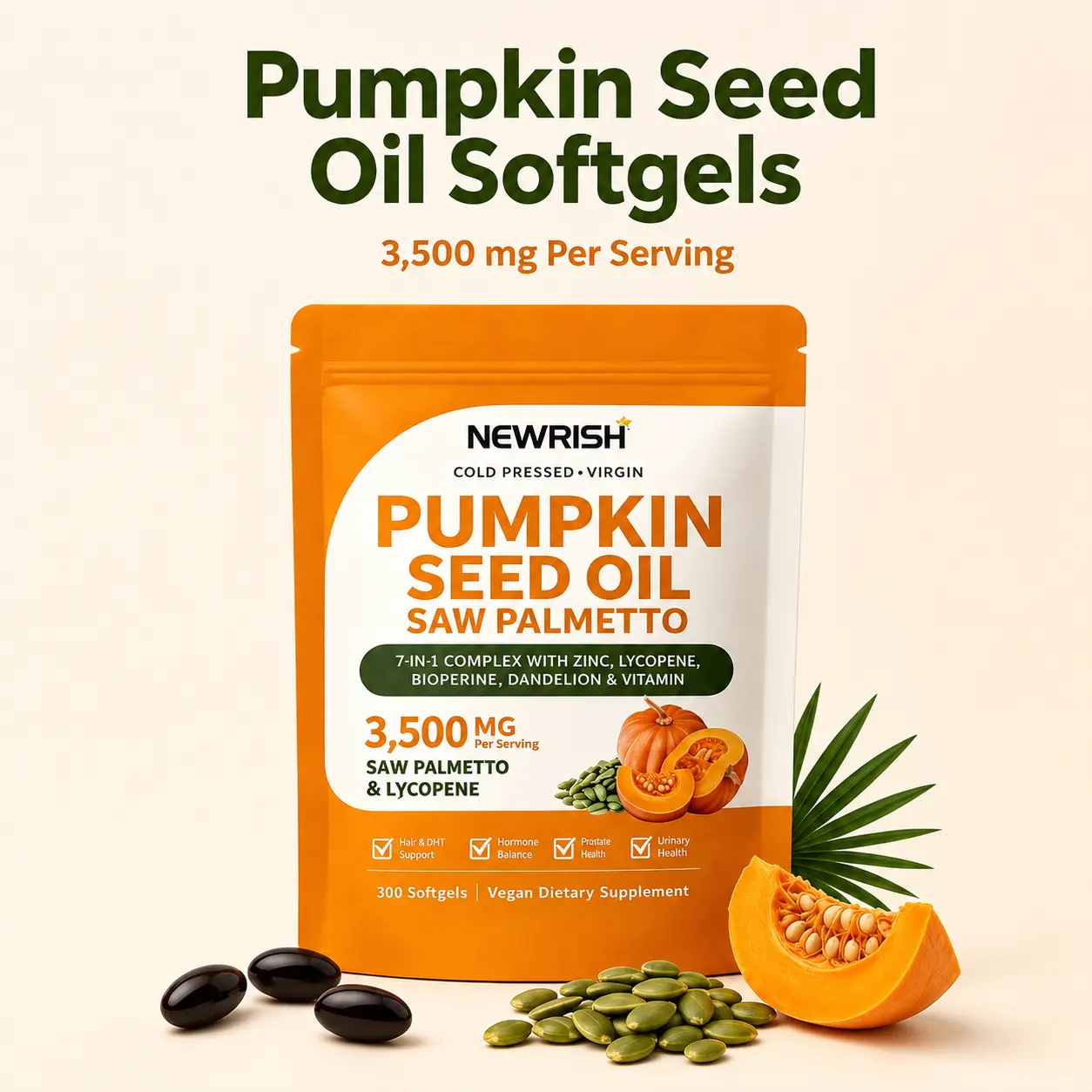 Trace Ingredients Natural Pumpkin Seed Oil and Saw Palm Soft Capsule-Thicker Hair - Improve Wrinkles & Fine Lines-300 pills