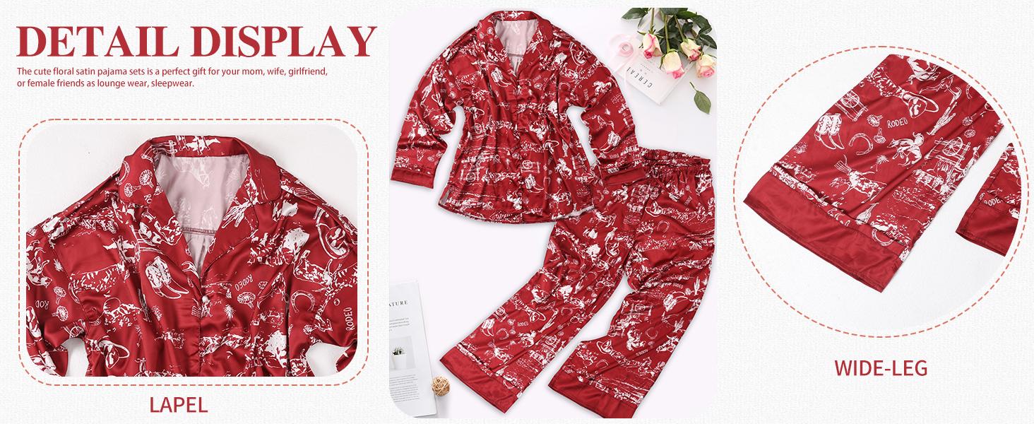 Yimoon  2 Piece Satin Pajama Set for Women Silk Pajamas Set  Floral Pj Set Long Sleeve Button Down Pjs Sleepwear