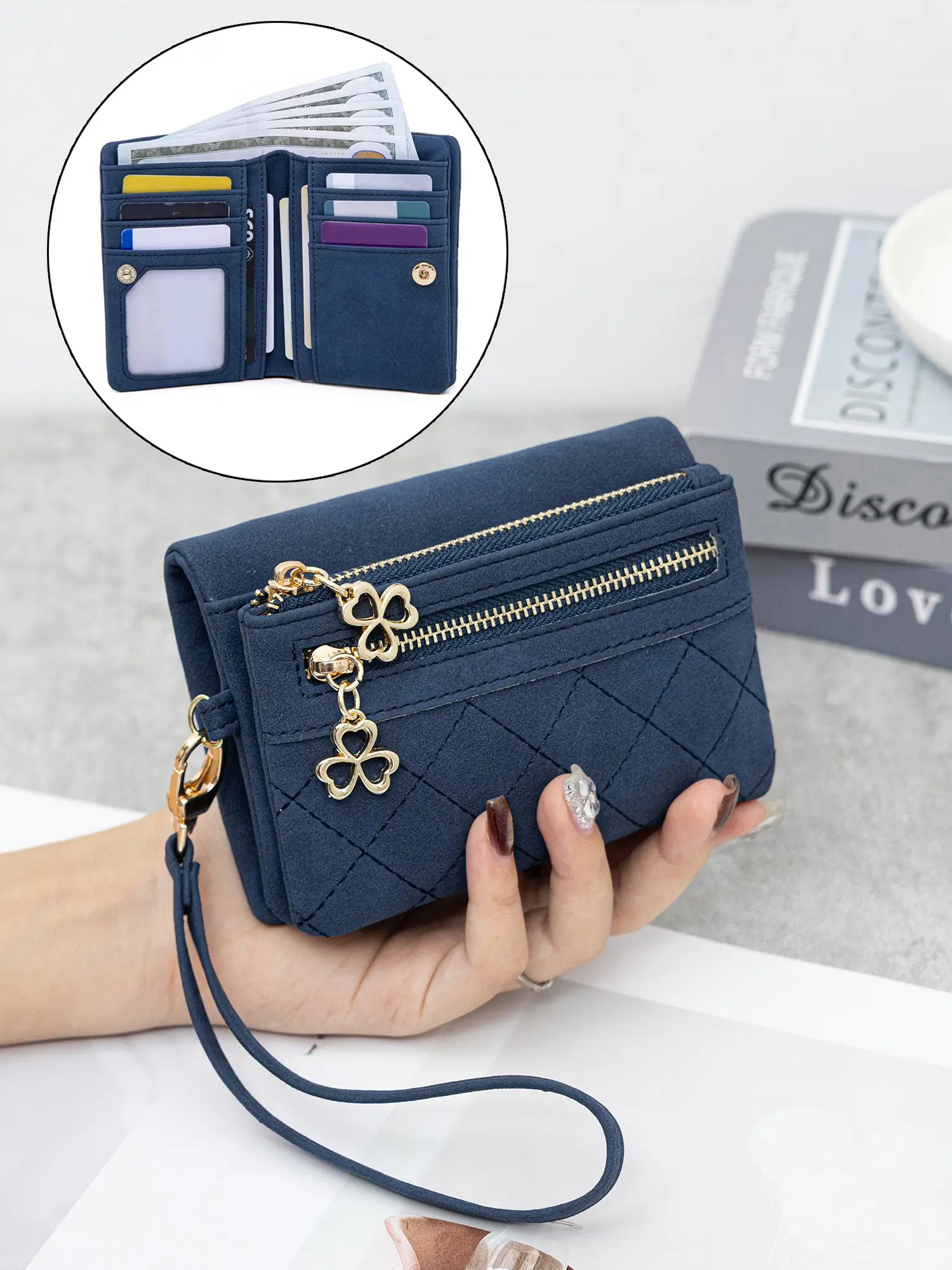 Women's Bi-Fold Multi-Functional Casual Wallet, Zipper Wristlet, Dual Zipper with Wrist Strap, Multiple Card Slots & Coin Pocket, Compact Portable for Daily Carry