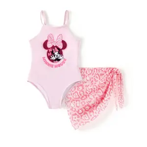 Disney Minnie Mouse Girls 2-Piece Swimsuit Set - Pink Leopard Print One Piece Swimsuit & Mesh Cover Up Skirt, Official Minnie Mouse Character Swimwear for Toddlers & Little Girls