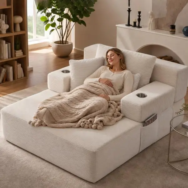 Niccae 65-Inch Armless Chaise Lounge with Cup Holder — Extra-Large, Deep-Seated, Comfortable Corduroy Sofa Bed; Versatile "Cloud-Like" Sofa Bed & Reading Chair for Living Rooms, Bedrooms, and Apartments (No Assembly Required)