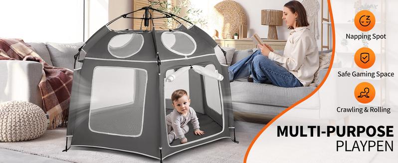 Pop-Up Portable Baby Playpen with UV Canopy, Waterproof Outdoor & Indoor Play Tent, Breathable Mesh Sides, Quick Setup Folding Baby Play Yard with Carry Bag & Stakes 59"/63“