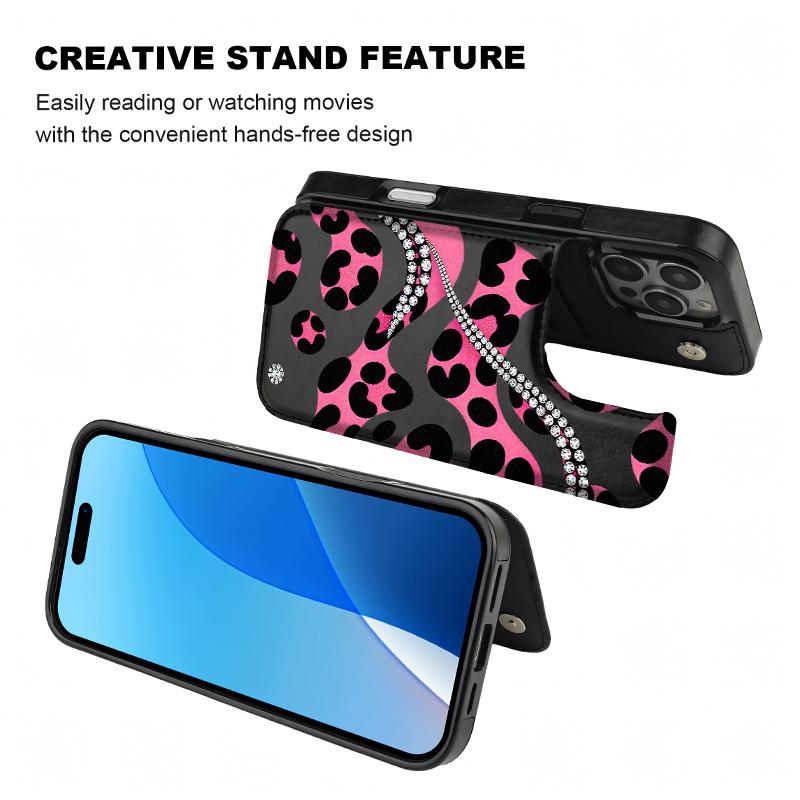 Diamond leopard print Pattern Phone Cases Compatible For With iphone 17 16 15 14 13 12 PRO PLUS MAX AIR PU Black Brown Pink Durable Flip High quality Leather Credit Card Bag Holder Mother Gift Wallet Shockproof Anti-Drop Full Protection Shell Cover