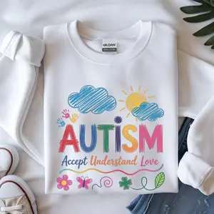 Autism Accept Understand Love Crewneck Sweatshirt, Autism Awareness Sweatshirt, Autism Sweatshirt, Autism Month Sweatshirt, Teacher Sweatshirt, Autism Support Sweatshirt Pullover Everyday Womenswear Soft Lightweight School Flowers Flowers Cotton Tops