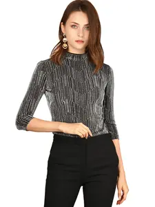 INSPIRE CHIC Party Glitter 3/4 Sleeve Shiny Striped Metallic Tops
