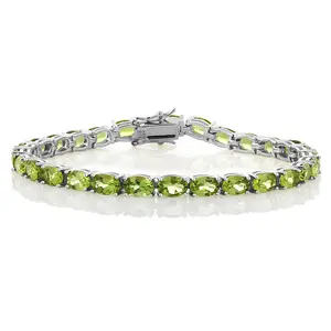 Gem Stone King Green Peridot Tennis Bracelet For Women | 925 Sterling Silver | 12.00 Cttw | Gemstone Birthstone | Oval 6X4MM | Length -  7 Inch | Fine Jewelry Gifts for Her Mom Women Wife