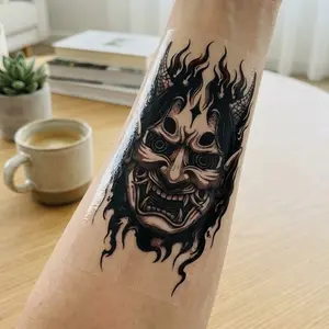 Flaming Japanese Skull Demon Hand Tattoo - Traditional Hannya Mask with Fire Eyes, Realistic Irezumi Body Art for Back of Hand, Waterproof & Long-Lasting 2 Weeks