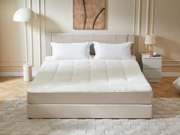 Pinmoco Cozy Warm-Retaining Sherpa Mattress Topper, Thick Fleece Mattress Pad Cover Two-sided Pillow Top Mattress Protector Keep Warm, Machine Washable