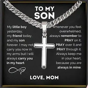 To My Son Stainless Steel Cross Pendant Necklace – Cuban Link Chain Religious Gift from Mom