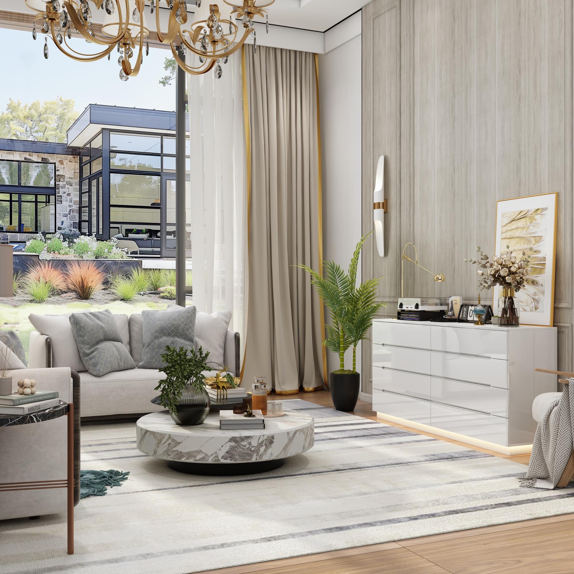 FUFU&GAGA 63" Modern LED Dresser with 8 Drawers & Glossy Surface - Glowing Storage Cabinet Organizer for Bedroom Furniture Organization Aesthetic Minimal