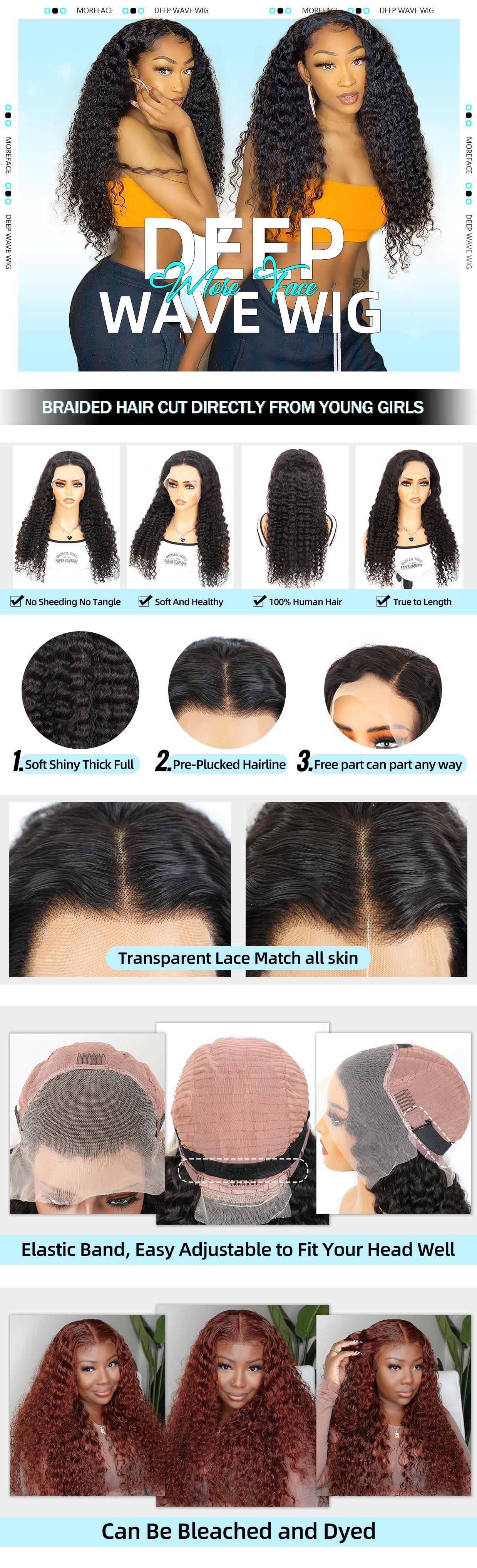 MORE FACE 13x6 Deep Wave 30 Inch Transparent Lace Front Wig Human Hair Lace Frontal Wigs For Woman Real Hair Wigs Preplucked with Baby Hair