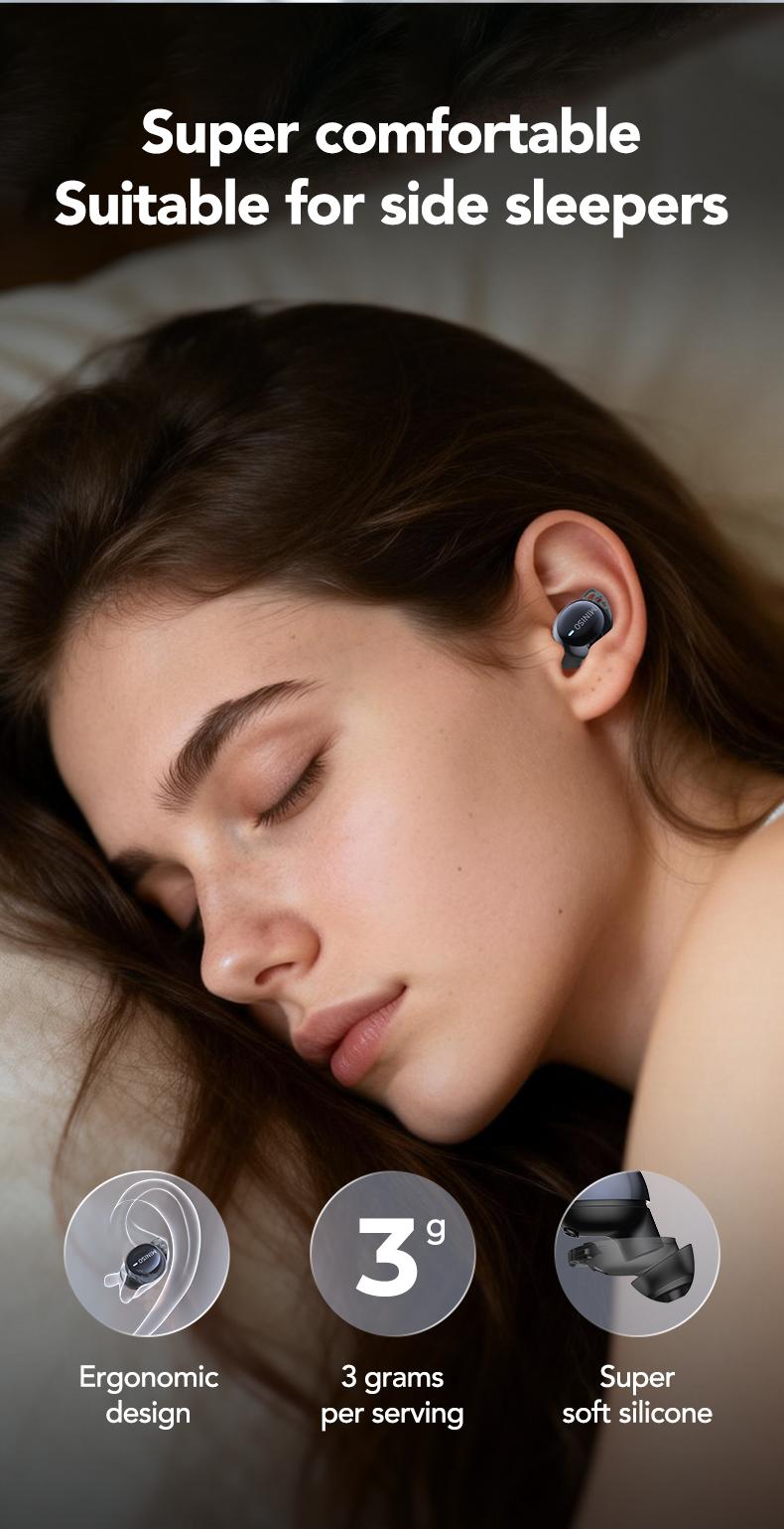 MINISO MS216 Sleep Headphones, comes with free sleep earplugs, buy one get one free.  These mini wireless Bluetooth 6.0 earbuds feature liquid silicone material, high-definition sound quality, and a battery level display. Suitable for work and travel.