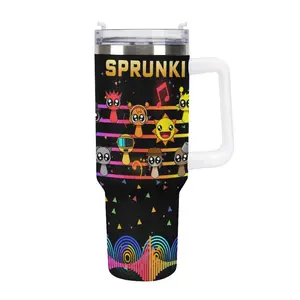 Sprunki Music Themed Insulated Stainless Steel Car Tumbler 20 OZ&40 OZ Leak Proof Travel Cup with Lid Three Color Options Cute Cartoon Character Musical Note Pattern for Kids Adults Sprunki Fans Ideal Daily Use and Gift