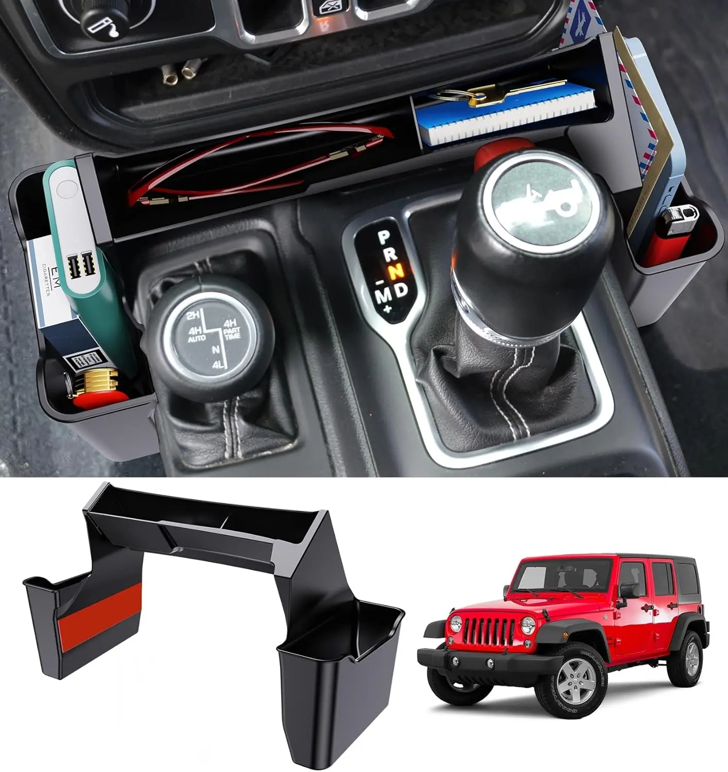 Car Console Organizer for Jeep Wrangler JL JLU 4xe 2018-2025 & Gladiator JT 2020-2025, 14.56x5.8x4.3" Center Console Side Tray, Shifter Box for Clutter-Free Tidy Shift Area & Less Fuss Interior Accessory